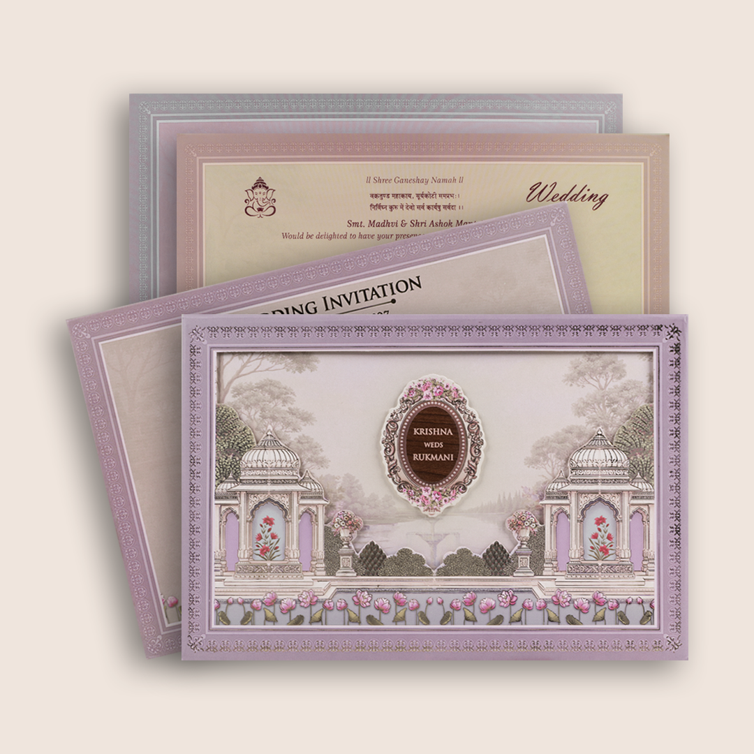 Purple Floral Laser Cut Padded Invitation Card - KJTS1927