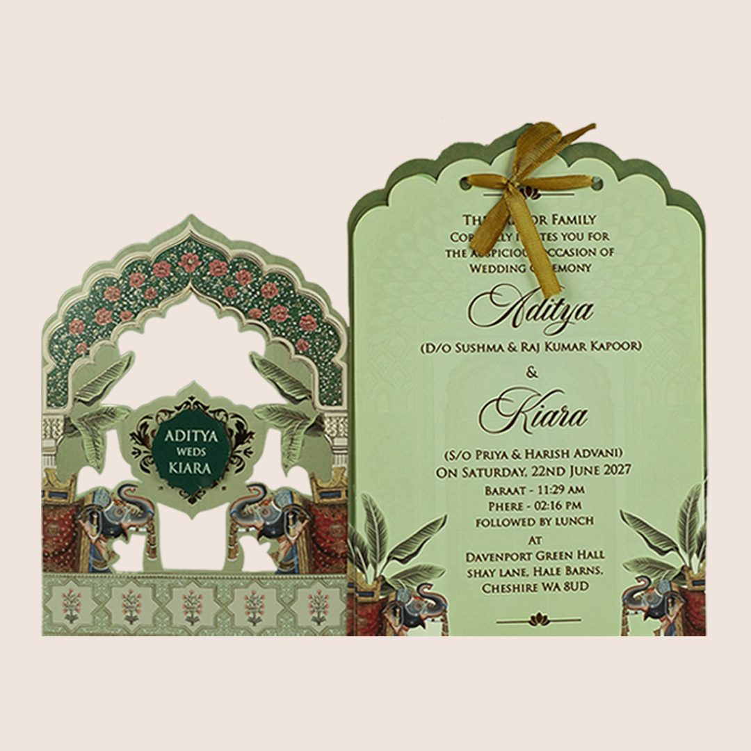 Green Elephant Laser Cut Marriage Invitation - KFR17220