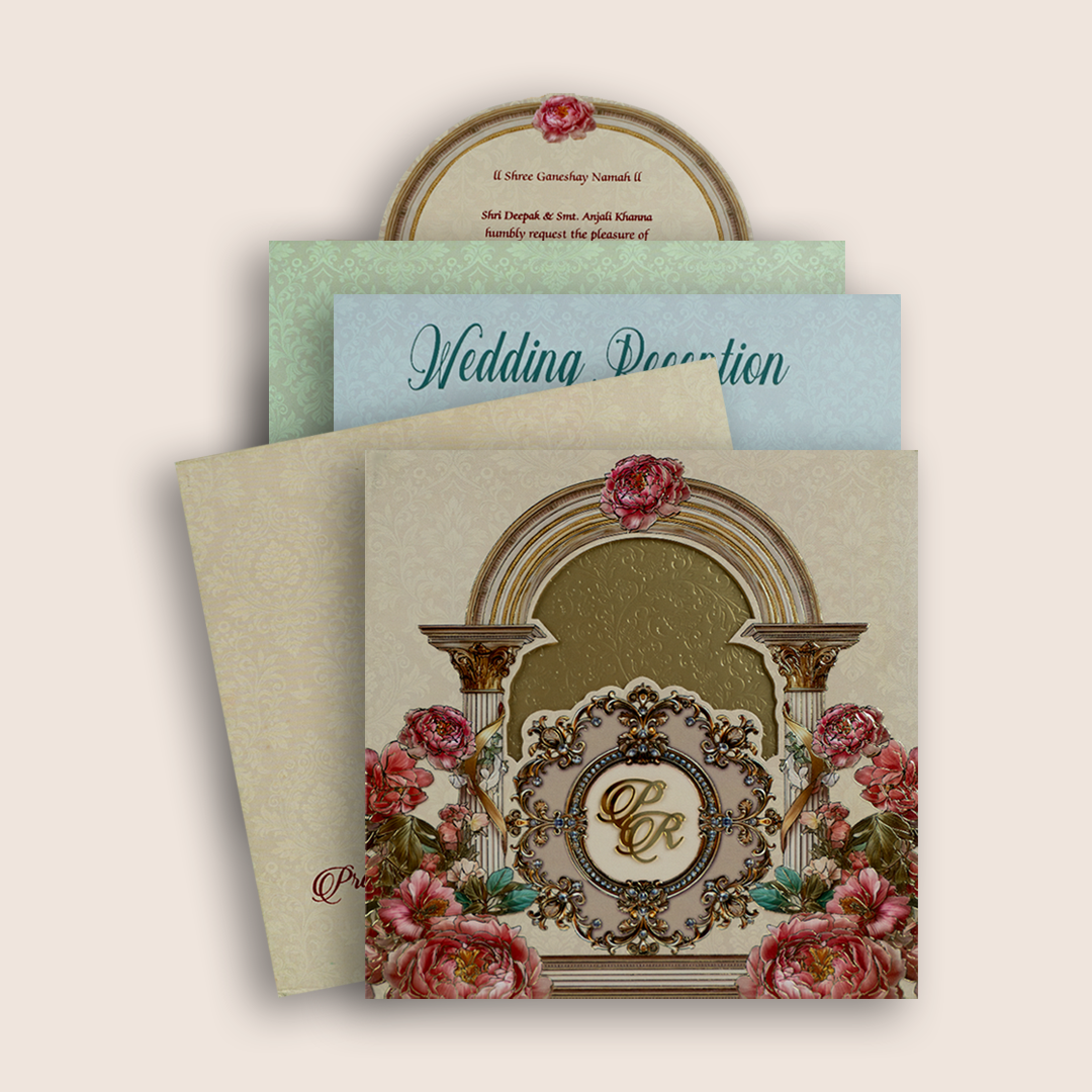 Ivory Embossed Floral Arch Padded Invitation Card - KPR026070