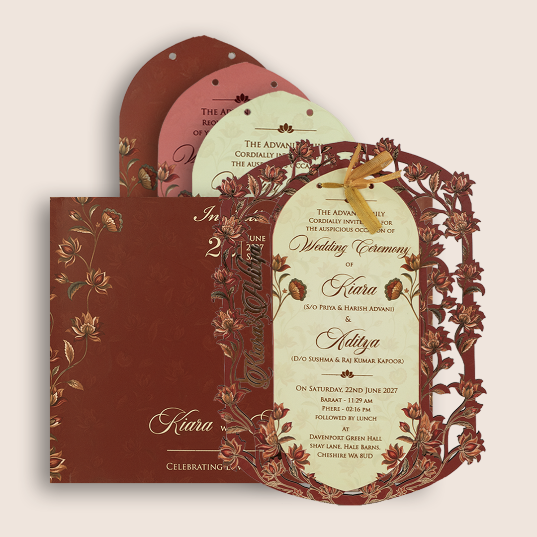Maroon Floral MDF Laser Cut Wedding Card - KFR17040