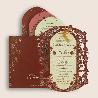 Maroon Floral MDF Laser Cut Wedding Card - KFR17040