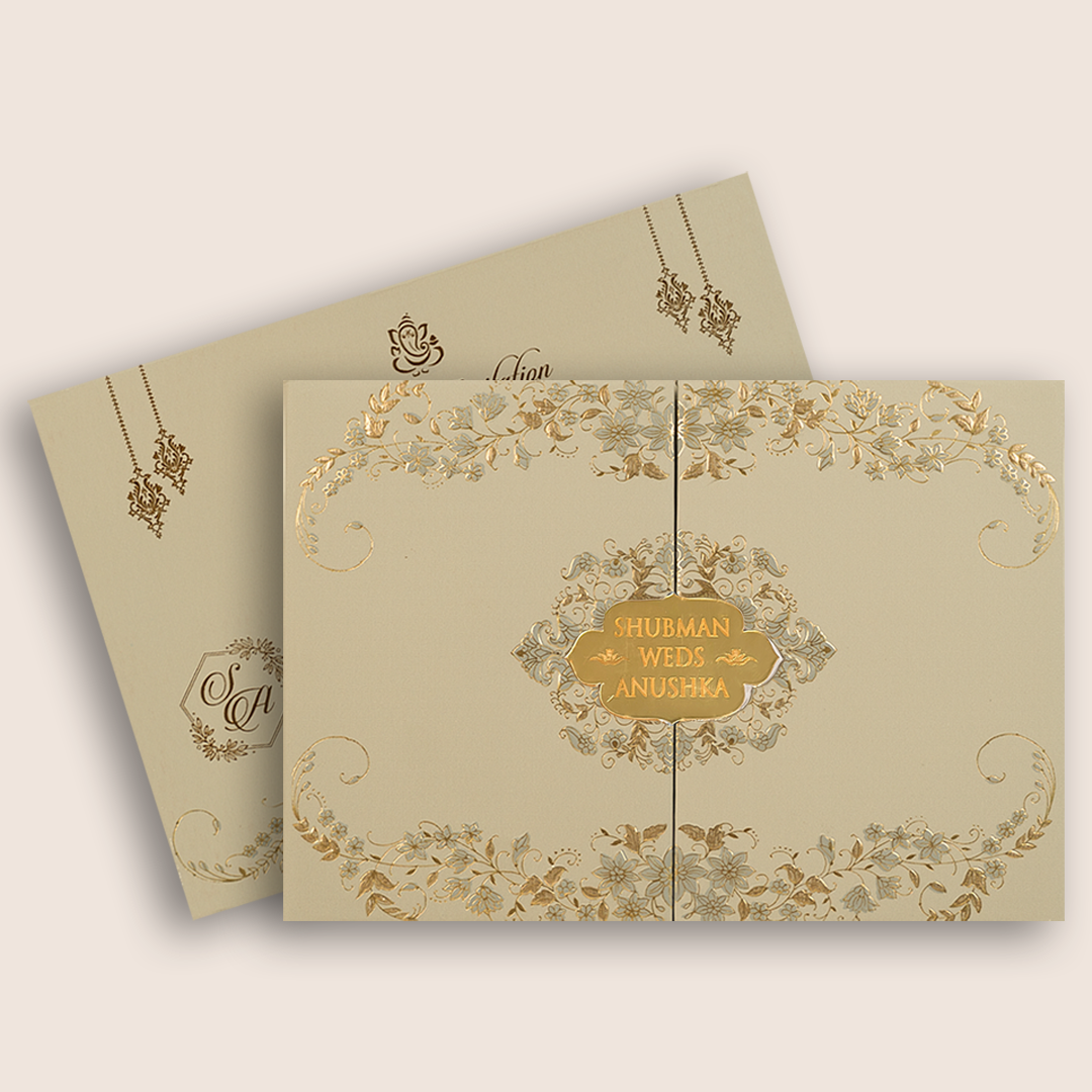 Beige Floral Padded Door Style Wedding Card - KRB09752