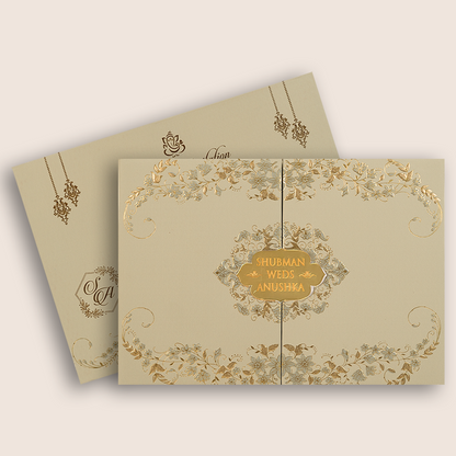 Beige Floral Padded Door Style Wedding Card - KRB09752