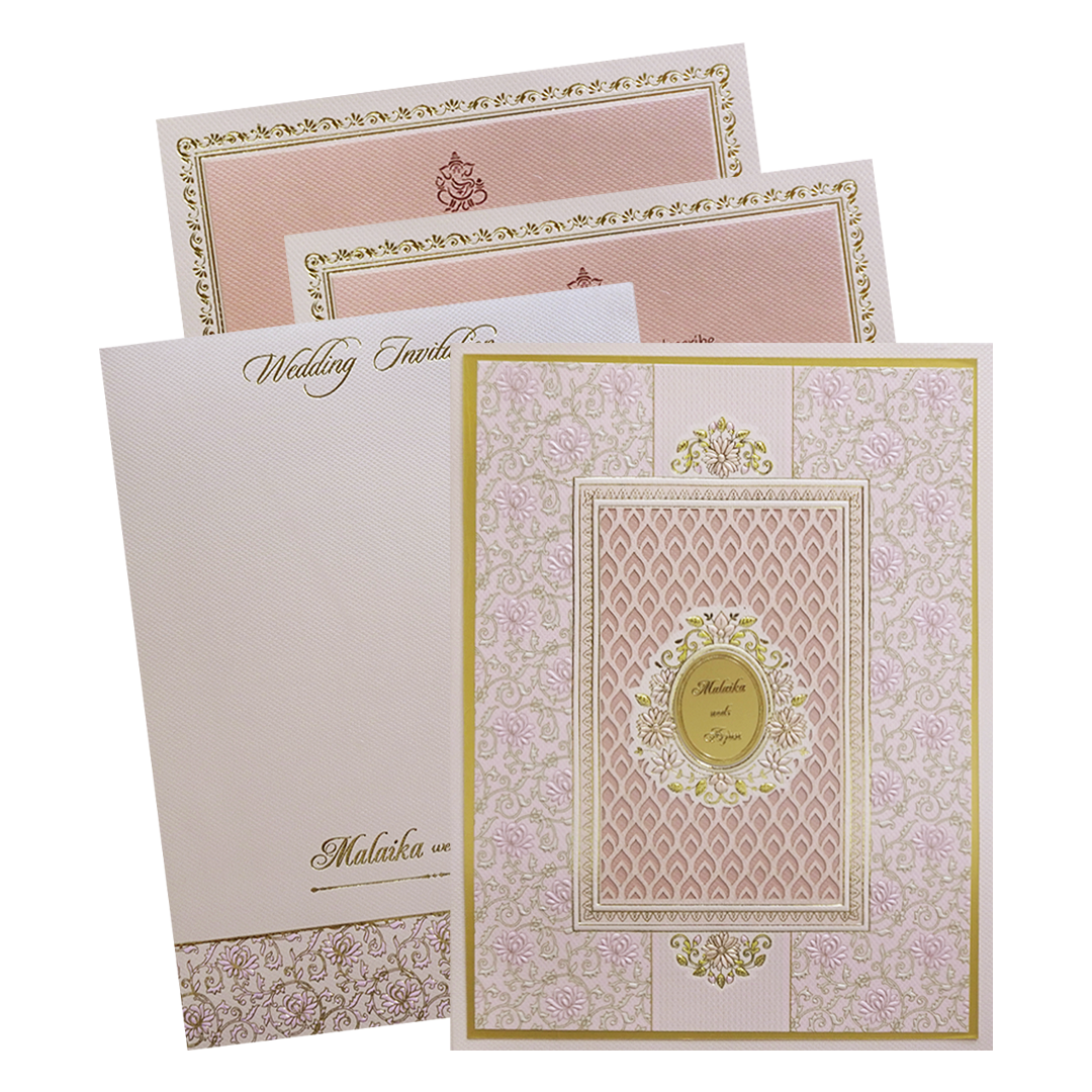 Pink Cream Floral Embossed Laser Cut Padded Wedding Card - KMMEX8280