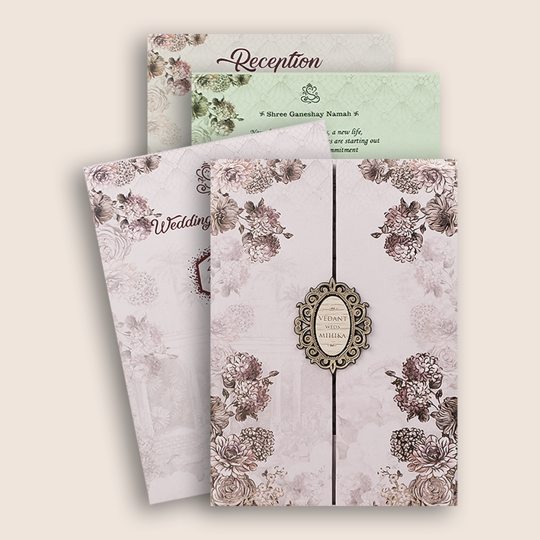 Lavender Floral Padded Door Style Wedding Card - KVN07060