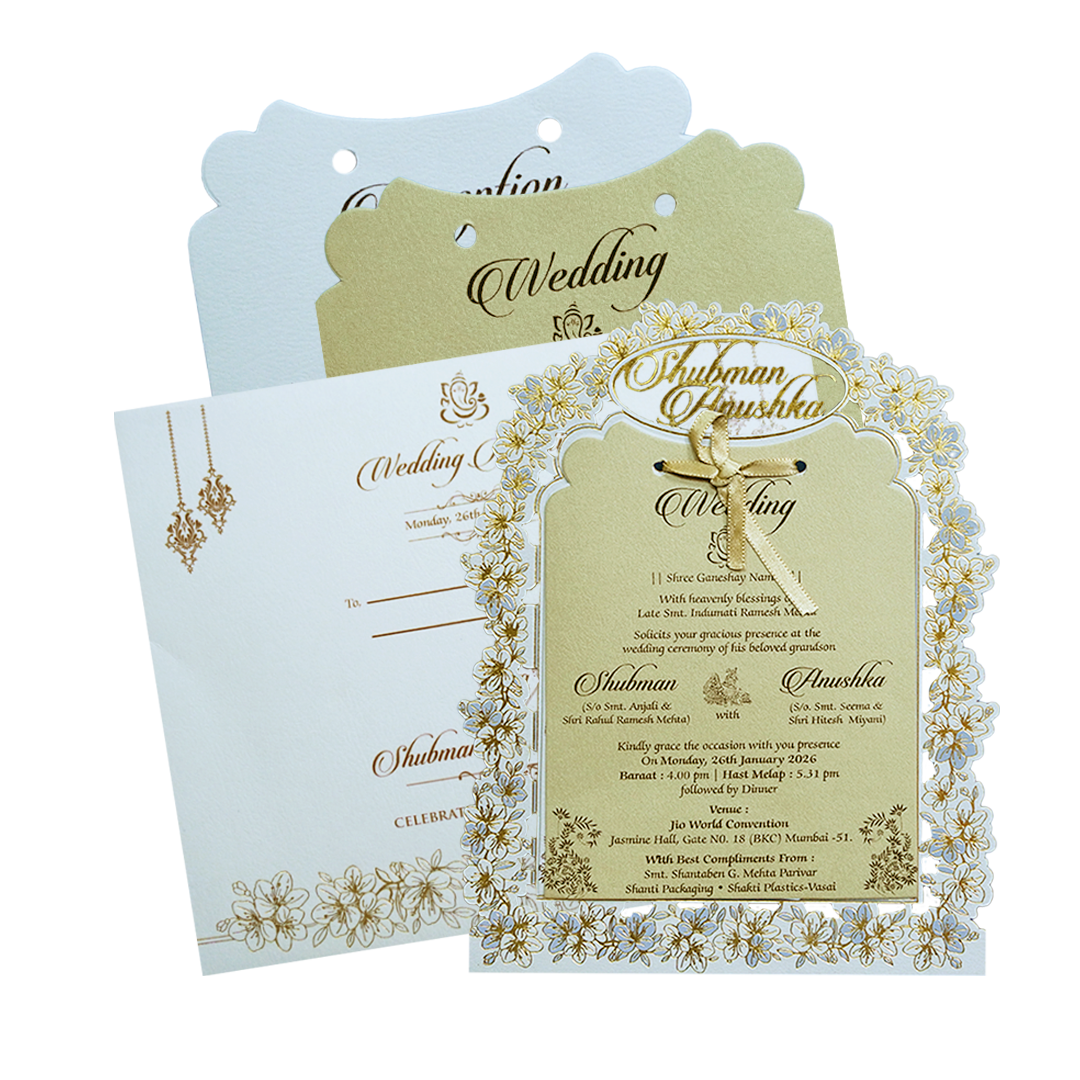 Check out Ivory Laser Cut Gold Foil Wedding Invitation Card with Custom Name at best price. ?WhatsApp Support ?Express Delivery.