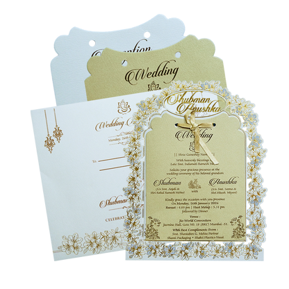 Check out Ivory Laser Cut Gold Foil Wedding Invitation Card with Custom Name at best price. ?WhatsApp Support ?Express Delivery.