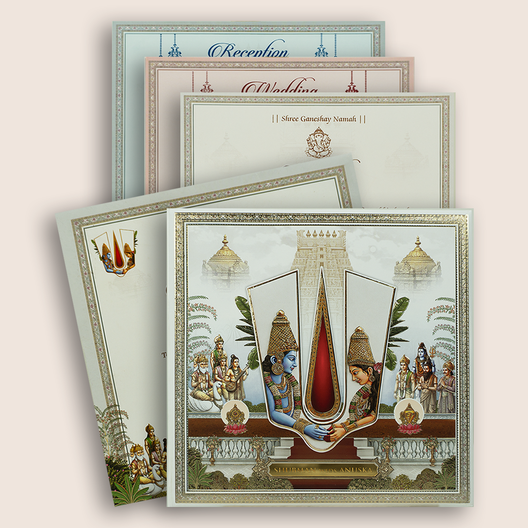 White Vaishnava Tilak Balaji Padmavathi Wedding Card - KRB10770