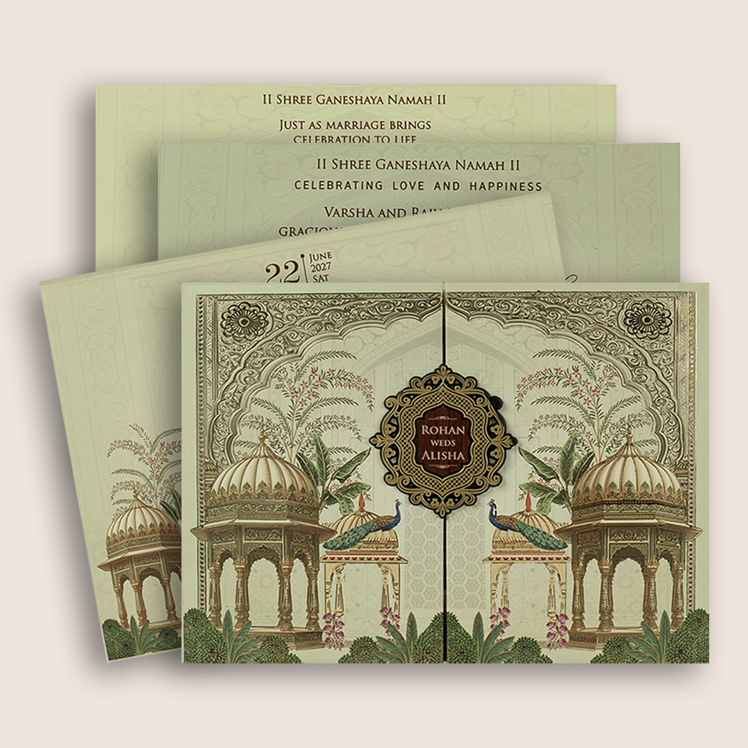 Light Grey Jharokha Door Style Padded Wedding Card - KFR17370