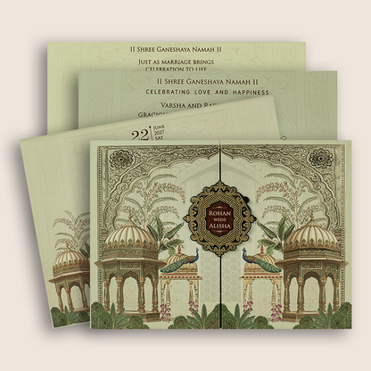 Light Grey Jharokha Door Style Padded Wedding Card - KFR17370