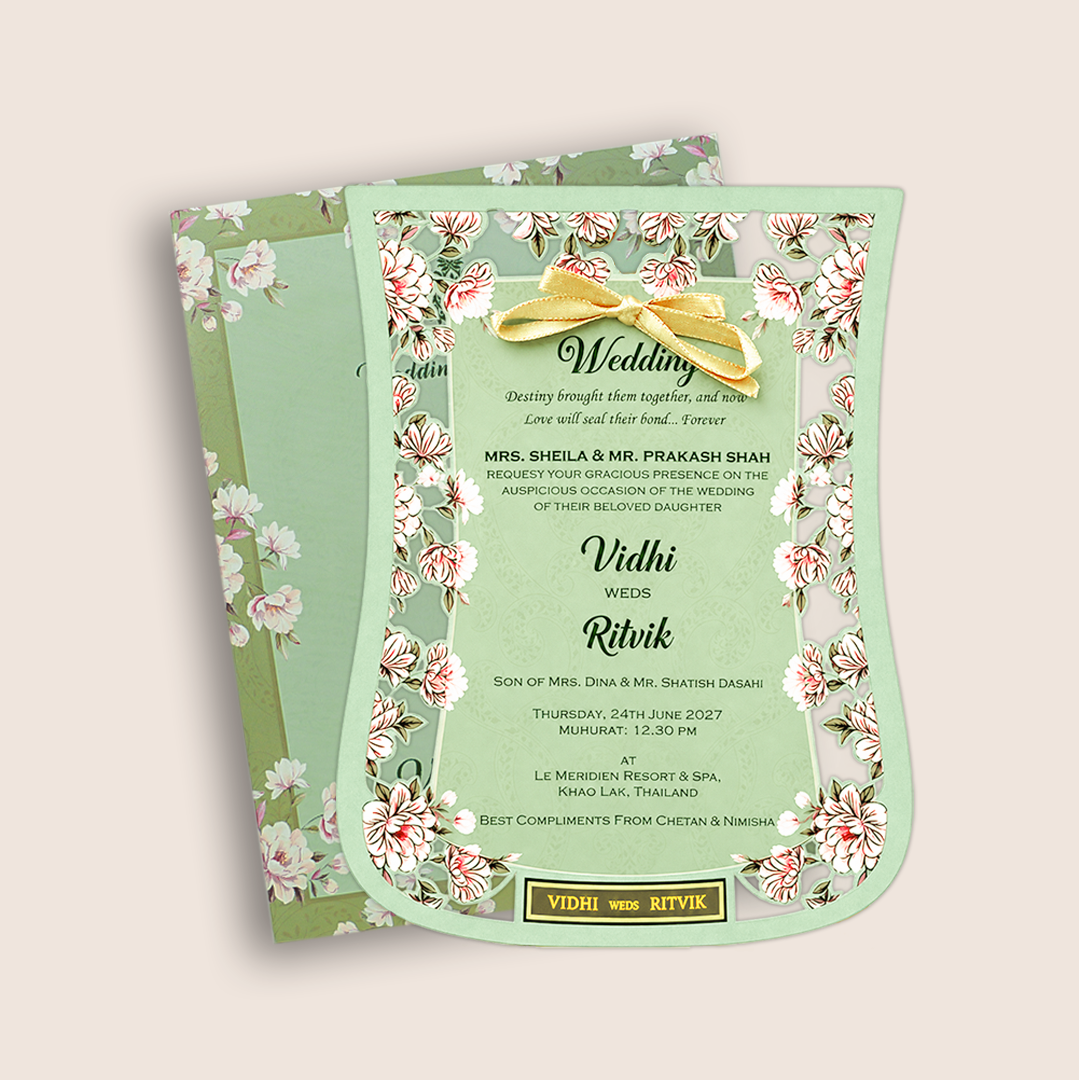 Pastel Green Laser Cut Floral wedding Card - KVN07830