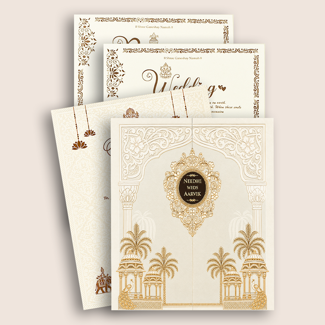 White Embossed Floral Door Style Padded Wedding Card - KSH27270