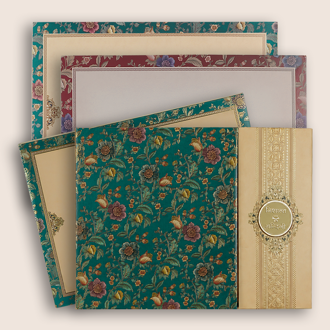 Blue Padded Floral Door Style Wedding Card - KAA06390
