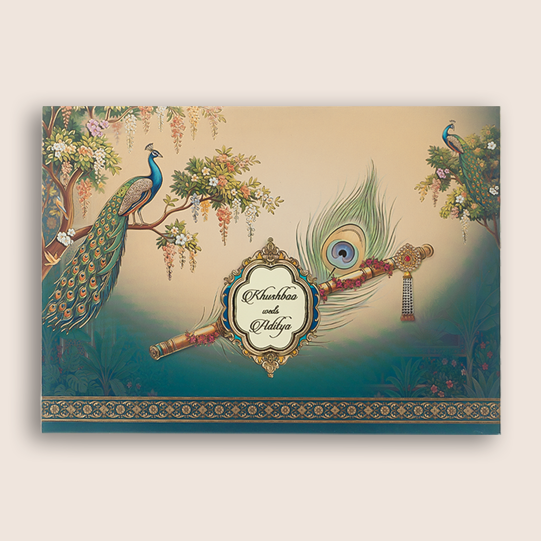 Cream Padded Floral Krishna Flute Wedding Card -  KAA06150