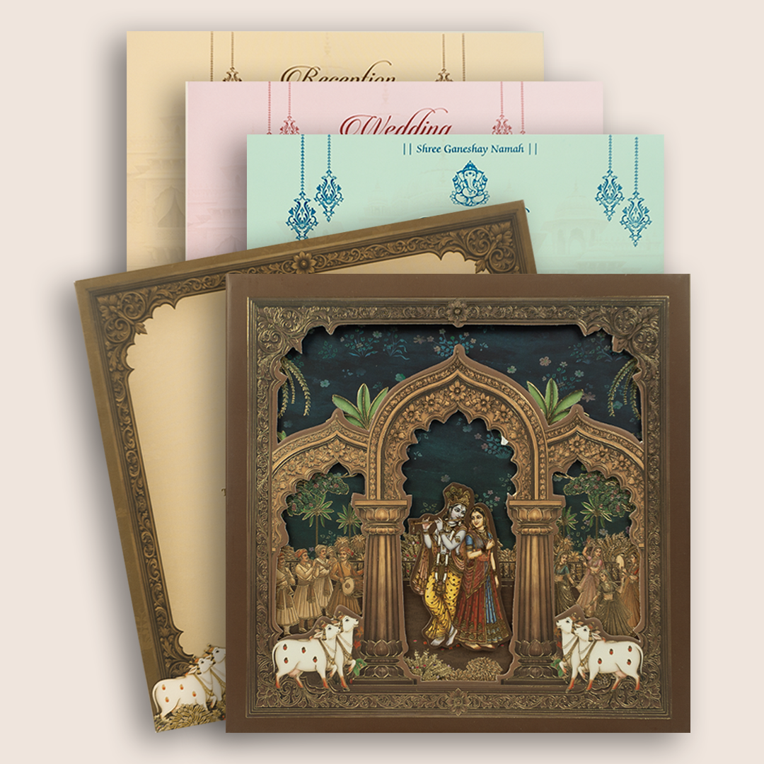 Brown Lord Radha Krishna Laser Cut Padded Wedding Card - KRB10700