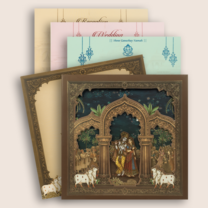 Brown Lord Radha Krishna Laser Cut Padded Wedding Card - KRB10700