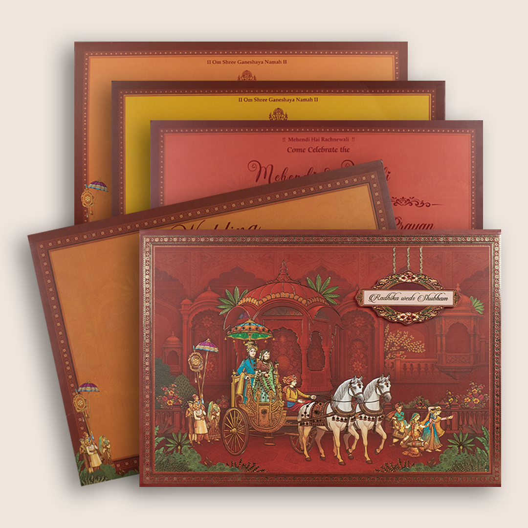 Red Royal Bride Groom Baraat Padded Wedding Card - KSH18260