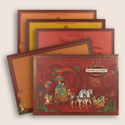 Red Royal Bride Groom Baraat Padded Wedding Card - KSH18260