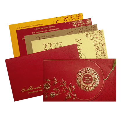 Red Floral Medallion Wedding Invitation Card-KPR06390