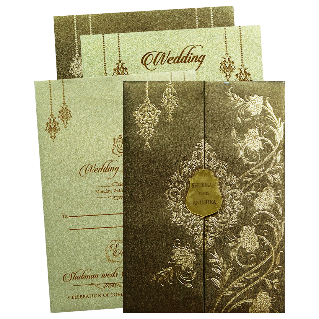 Brown Gold Padded Door Style Wedding Card-KRB08340