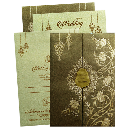 Brown Gold Padded Door Style Wedding Card-KRB08340