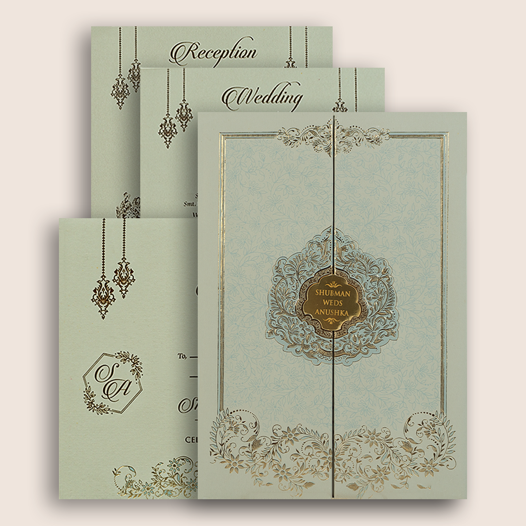 Grey Embossed Floral Door Style Padded Marriage Invitation - KRB10401
