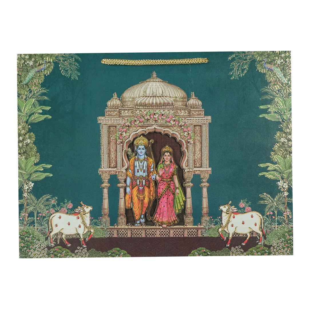 Navy Blue Ram Sita Mandir Bag Style Wedding Card-KSI6517R