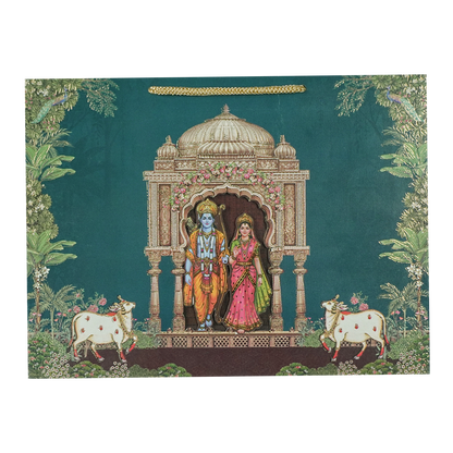 Navy Blue Ram Sita Mandir Bag Style Wedding Card-KSI6517R