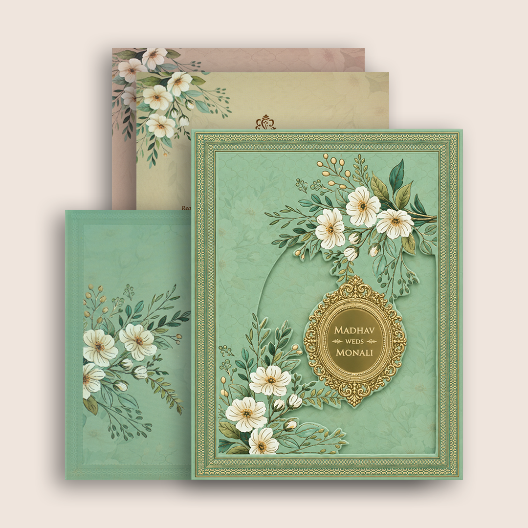 Pastel Green Floral Laser Cut Padded Wedding Invitation Card - KJTS3699
