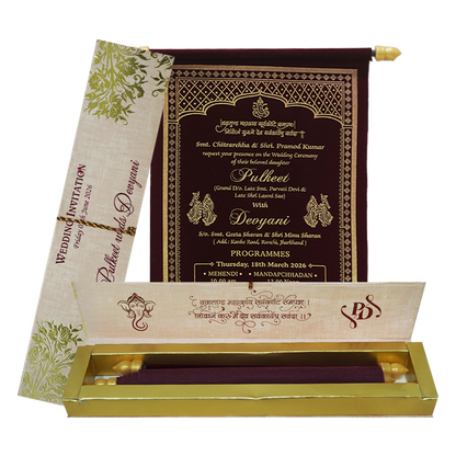 Maroon Scroll Wedding Card Box Set-KJTS1845