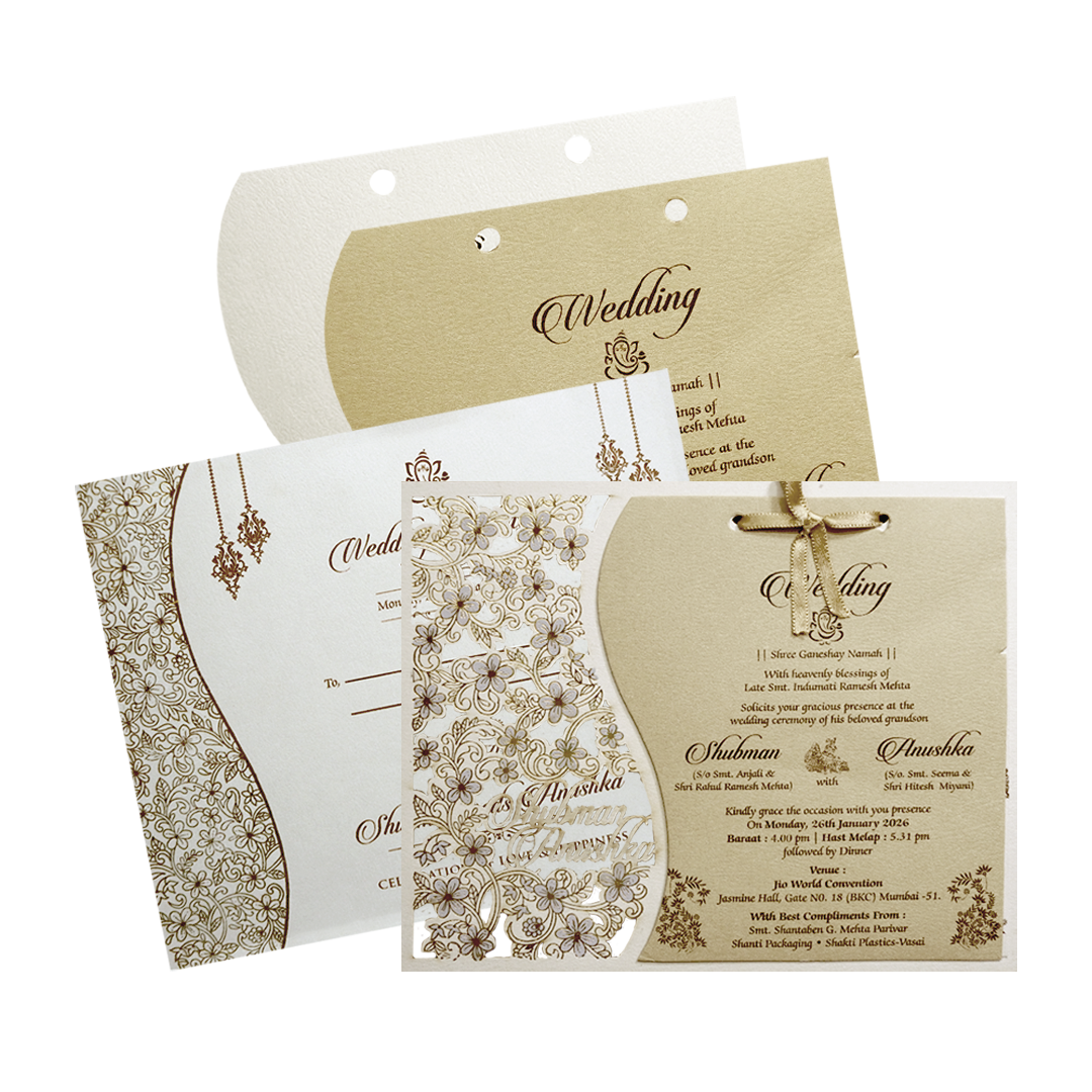 Shop White Floral Laser Cut Wedding Card with detailed floral cutwork, gold insert, nameplate, and coordinated envelope. ?WhatsApp Support ?Express Delivery.