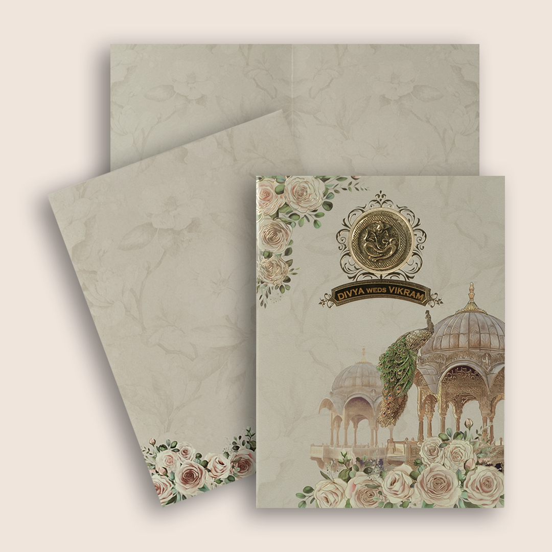 Cream Royal Peacock Wedding Card - KNTY6802