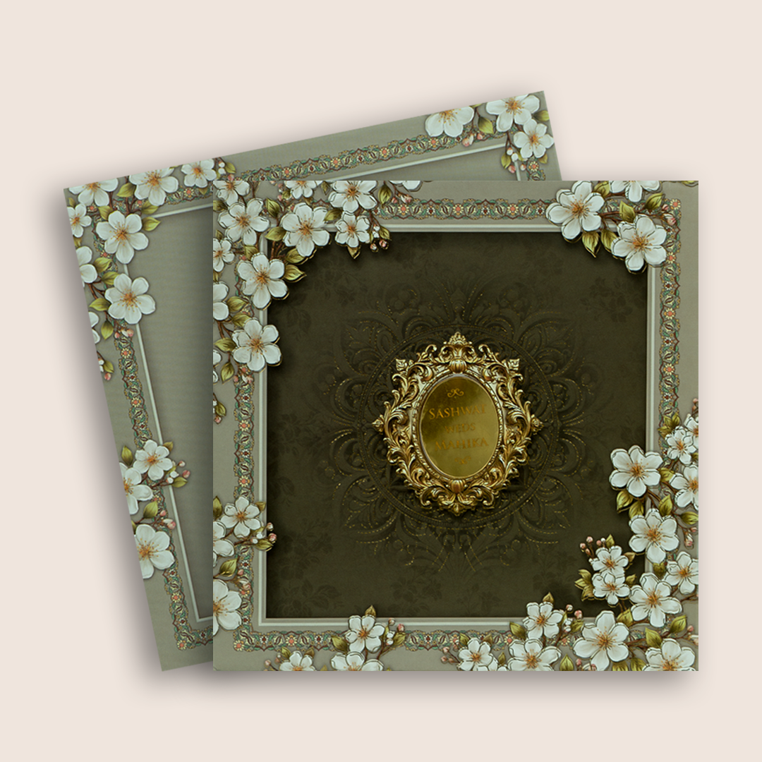 Olive Green Floral Padded Wedding Invitation Card - KRE29030