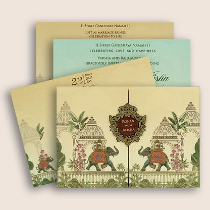 Beige Royal Elephant Door Style Padded Invitation Card - KFR17390