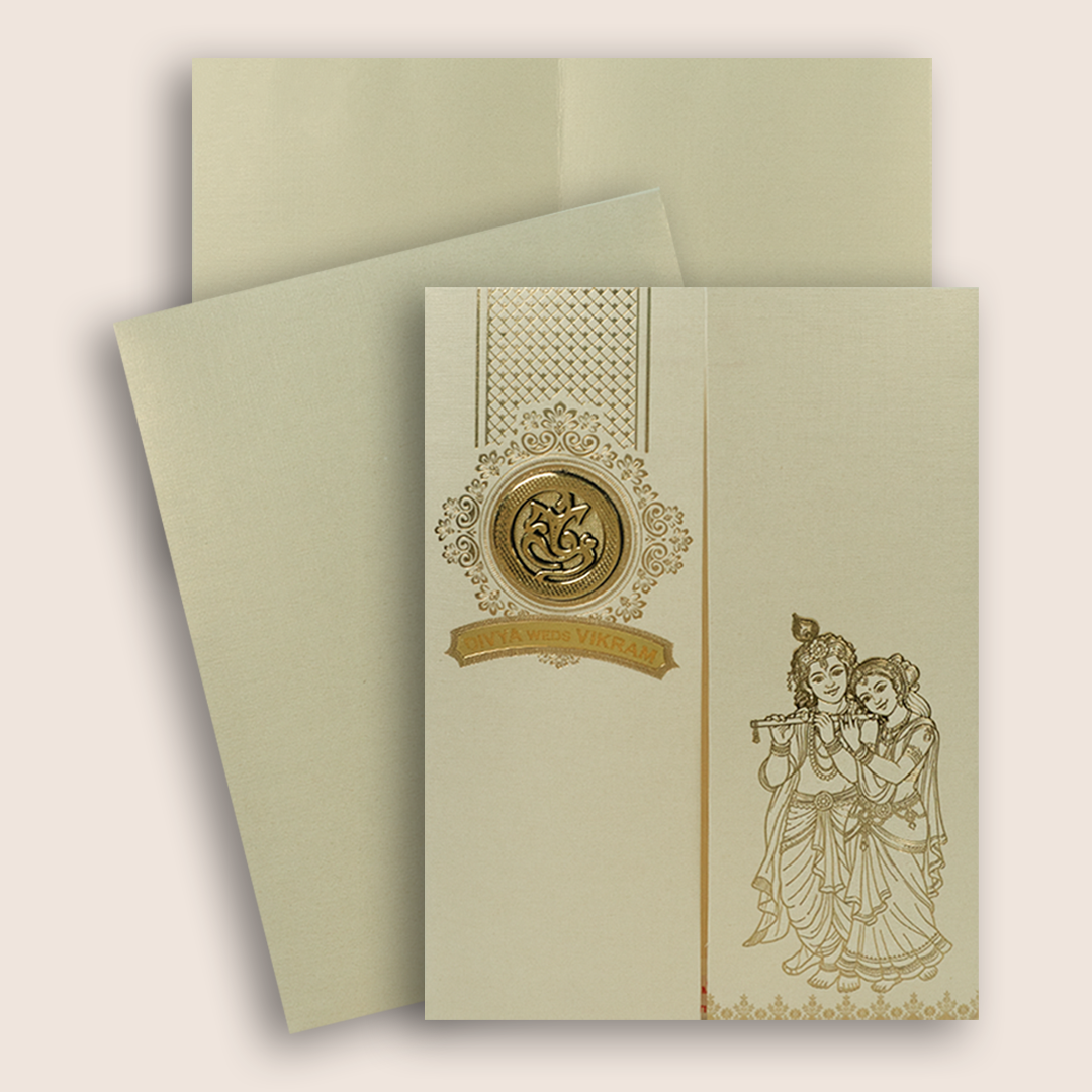 Cream Lord Radha Krishna Door Style Wedding Card - KNRM8709H