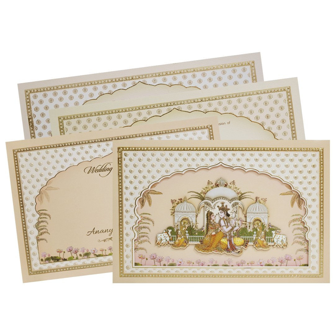 Cream Gold Radha Krishna Palace Padded Lasercut Wedding Card - KMMEX8110
