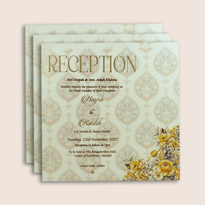White Embossed Floral Padded Wedding Invitation Card - KPR024110