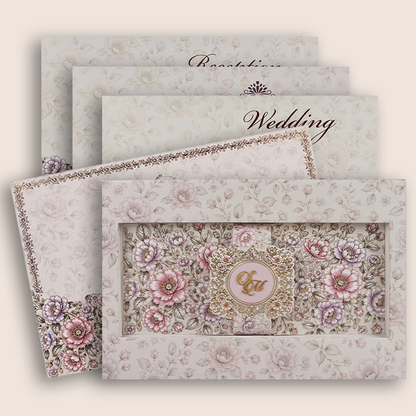 White Floral Padded Wedding Invitation Card - KPR026160