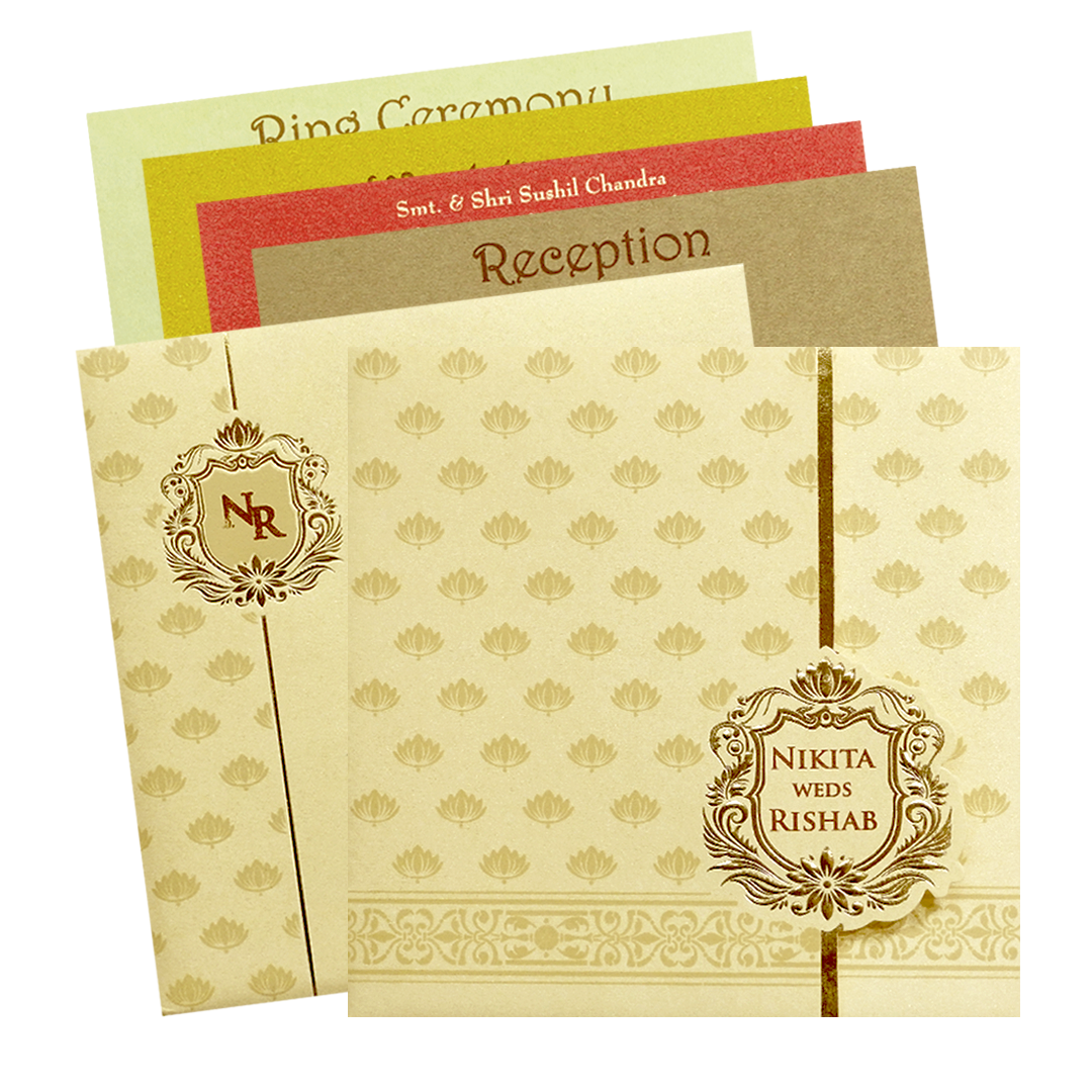 Ivory Gold Lotus Pattern Wedding Invitation Card-KPR06200