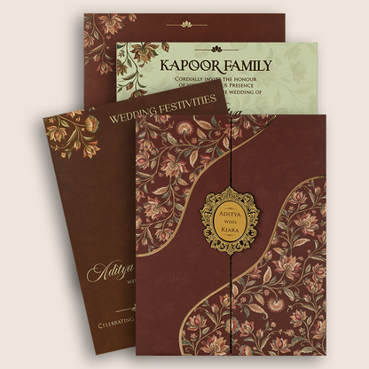 Maroon Embossed Floral Door Style Padded Wedding Card - KFR17520