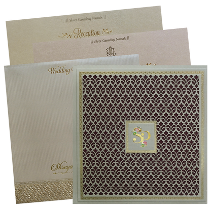 Maroon Laser Cut Floral Modern Wedding Card-KMMEX8240