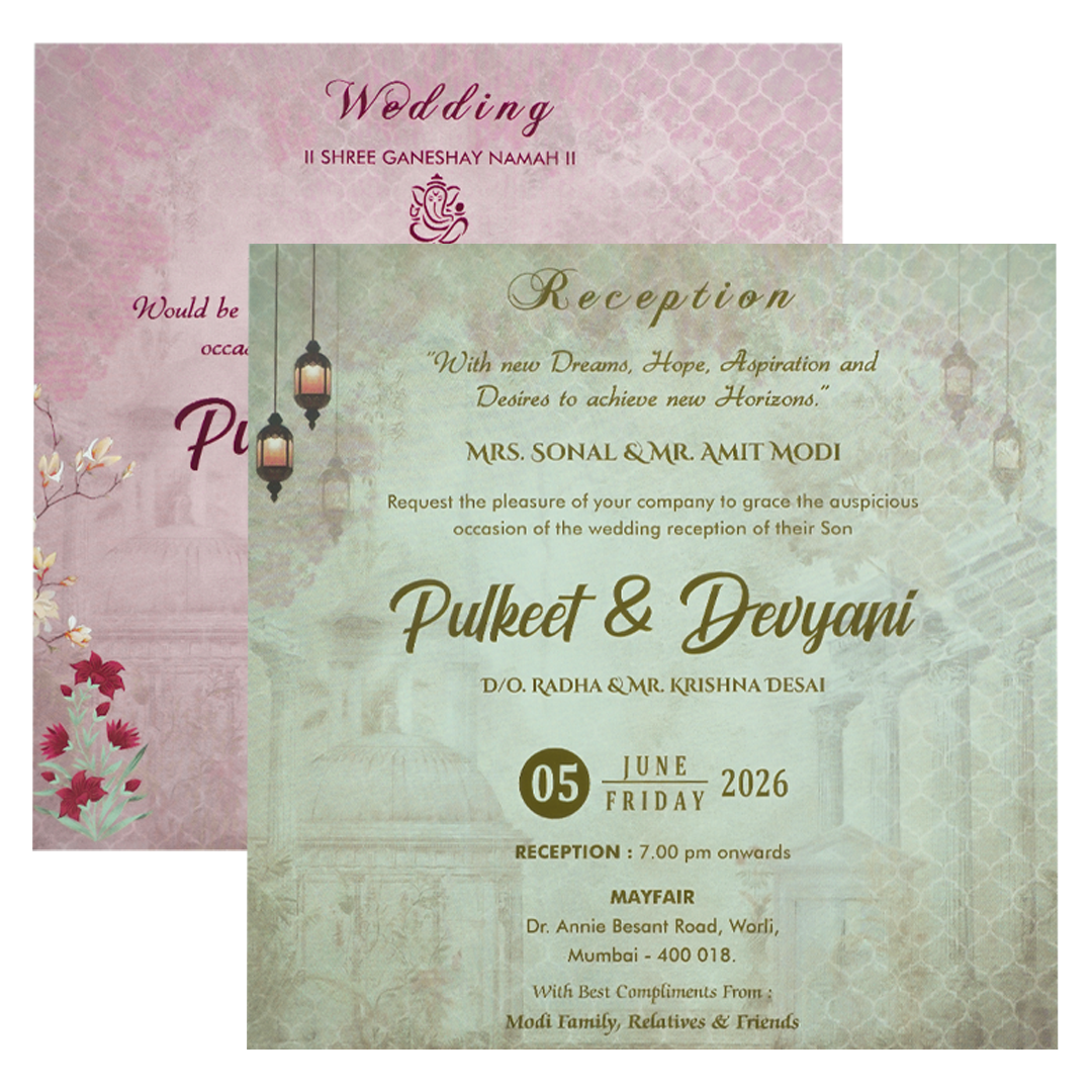 Grey Pink Floral Gatefold Padded Wedding Card-KJTS1727