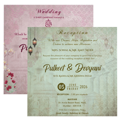 Grey Pink Floral Gatefold Padded Wedding Card-KJTS1727