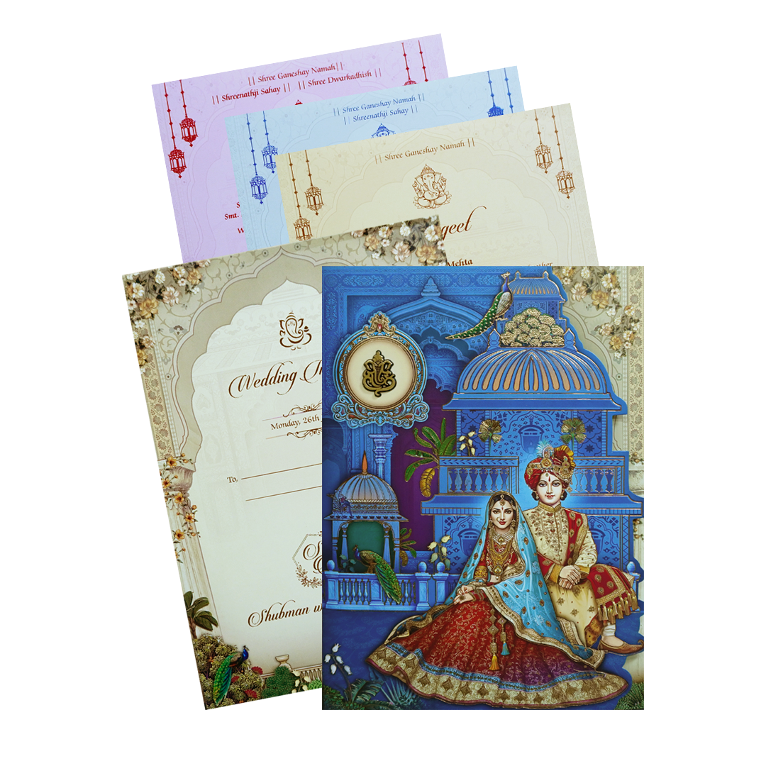 Check out Royal Blue Gold Foil 3 Fold Bride and Groom Wedding Invitation Card at best price. ? WhatsApp Support ? Express Delivery.