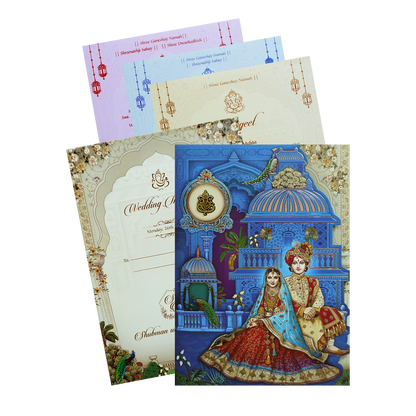 Royal Blue Gold Foil 3 Fold Bride and Groom Wedding Invitation Card-KRB09010