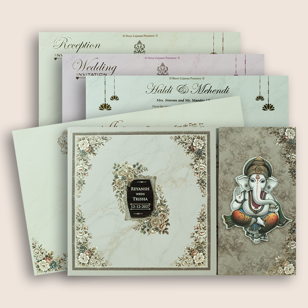 Beige Lord Ganesha Padded Door Style Wedding Card - KSH18160