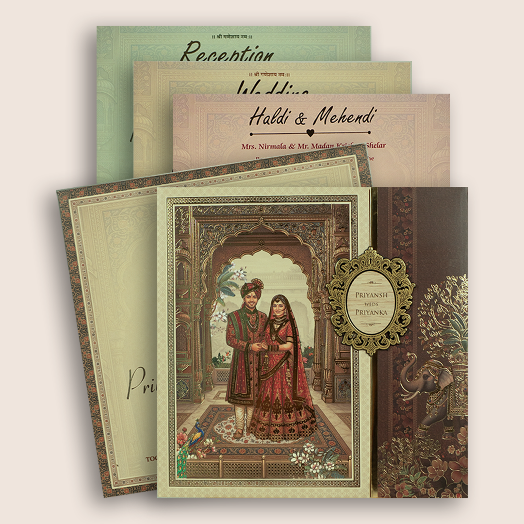 Brown Bride Groom Padded Door Style Invitation Card - KSH18770