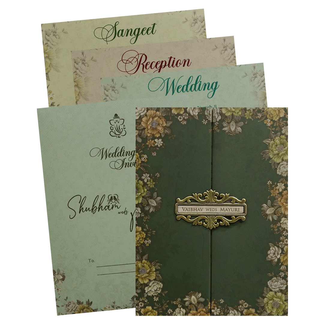 Green Floral Padded Wedding Card - KSH72580