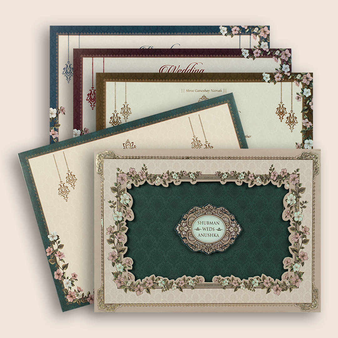 Teal Green Floral Laser Cut Padded Wedding Invitation - KRB10690