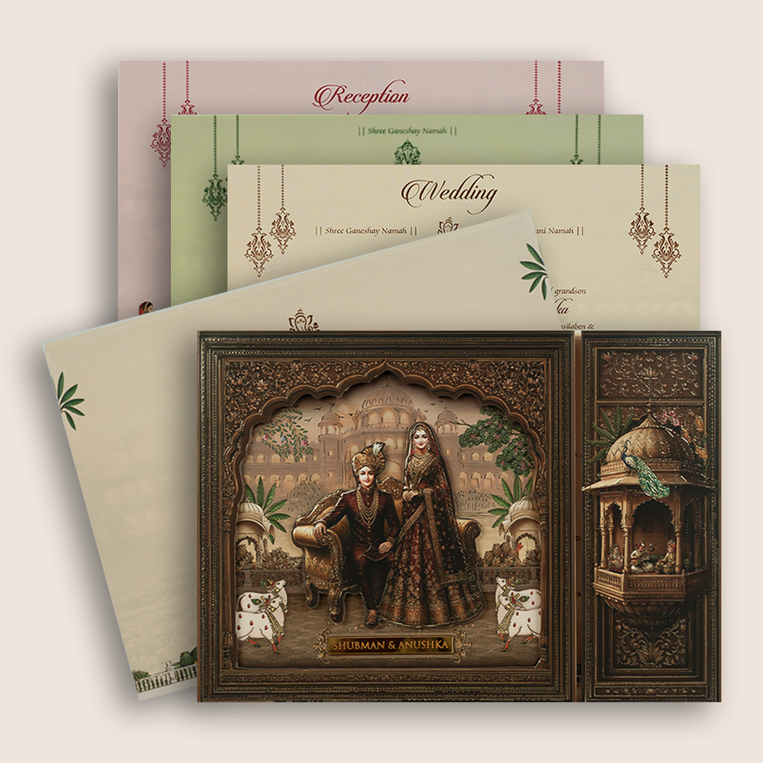 Dark Brown Laser Cut Bride Groom Door Style Padded Wedding Card - KRB105900